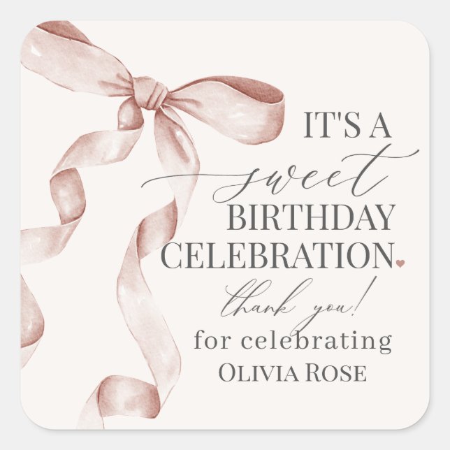 Beige Coquette Bow Girl Birthday Party Favor Square Sticker (Front)