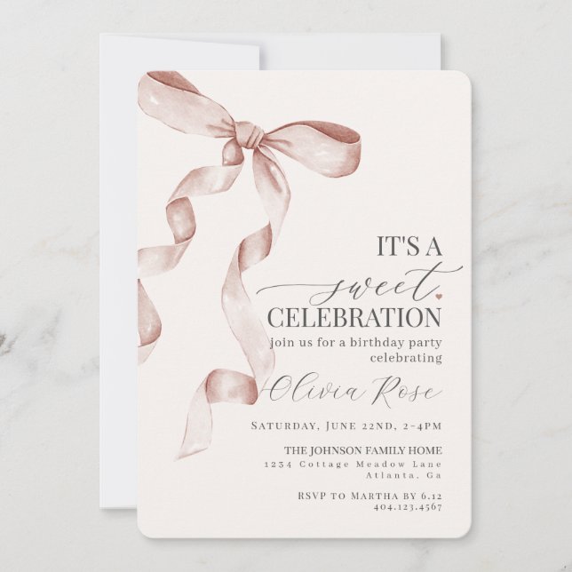 Beige Coquette Bow Girl Birthday Party Invitation (Front)