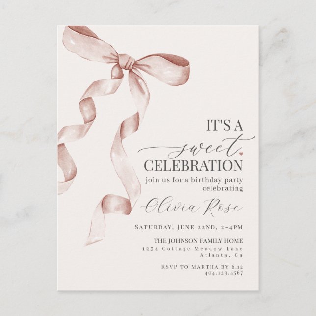 Beige Coquette Bow Girl Birthday Party Invitation Postcard (Front)