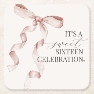 Beige Coquette Bow Sweet 16 Birthday Party Decor Square Paper Coaster