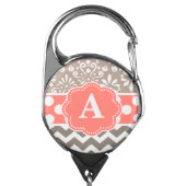 Beige Coral Chevron Damask Monogram Badge Holder (Carabiner Front)