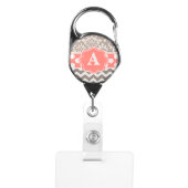 Beige Coral Chevron Damask Monogram Badge Holder (Front)