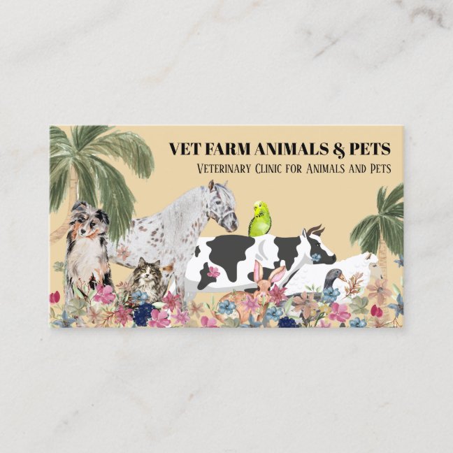 Beige Cow Sheep Dog Cat Bird Rabbit Duck Palm Business Card