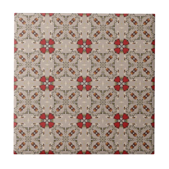 Beige Cranberry Red Square Pattern Geometric Ceramic Tile (Front)