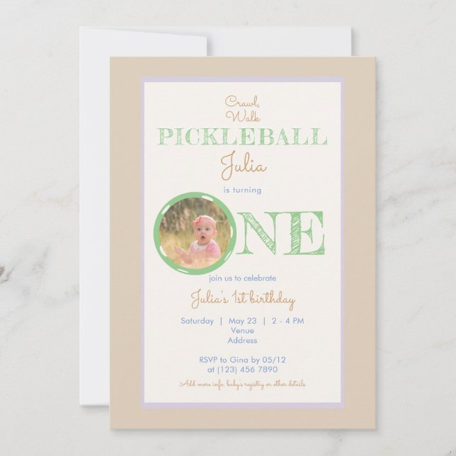 Beige Crawl Walk Pickleball Theme 1st Birthday Invitation (Front)