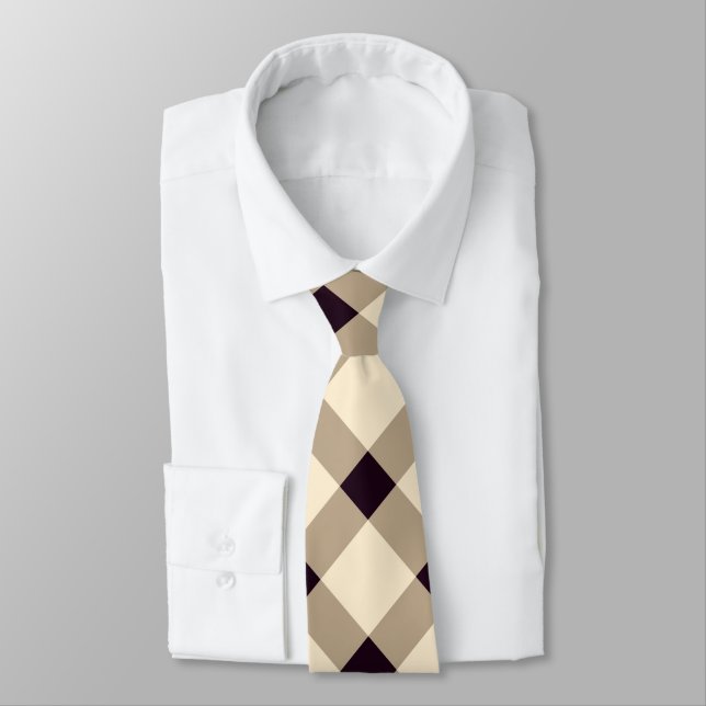 Beige, Cream, and Dark Maroon Diagonal Gingham  Neck Tie (Tied)