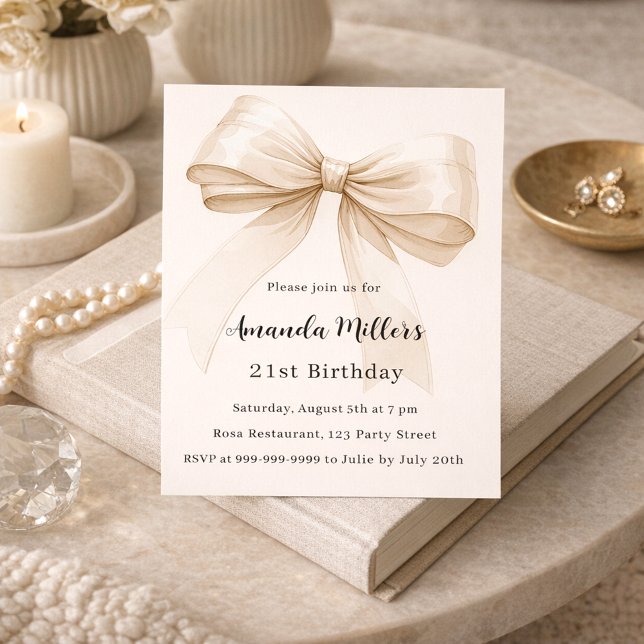 Beige cream bow elegant birthday invitation (Creator Uploaded)