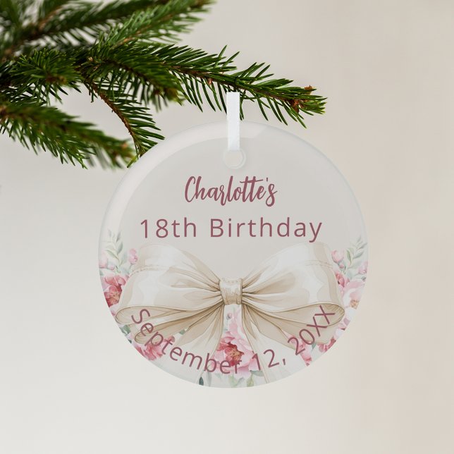 Beige cream bow florals birthday glass ornament (Creator Uploaded)