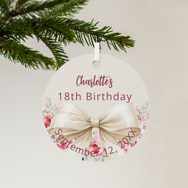 Beige cream bow florals birthday metal ornament (Creator Uploaded)
