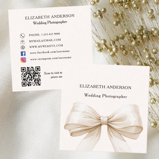 Beige cream bow QR code social media Square Business Card (Creator Uploaded)