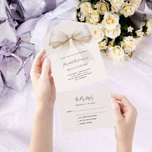 Beige cream bow Quinceanera rsvp All In One Invitation