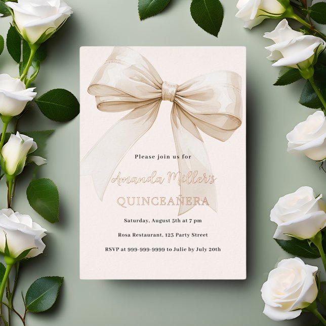 Beige cream bow rose gold Quinceanera luxury Foil Invitation (Creator Uploaded)