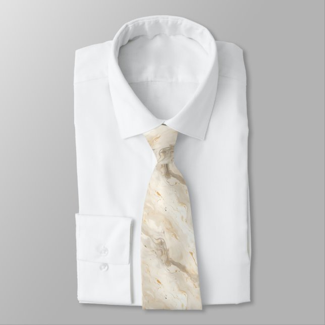 Beige Cream Brown Gold Marble Swirl Men's Neck Tie (Tied)