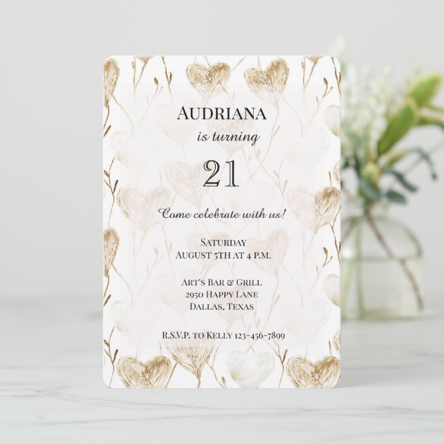 Beige Cream Brown White Hearts Boho Birthday Invitation (Standing Front)