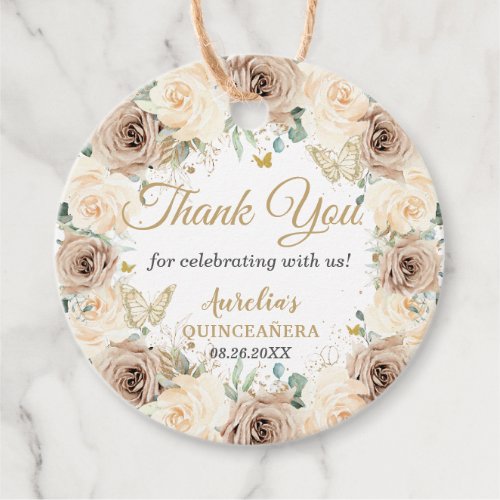 Beige Cream Champagne Floral Quinceaera Sweet 16 Favor Tags