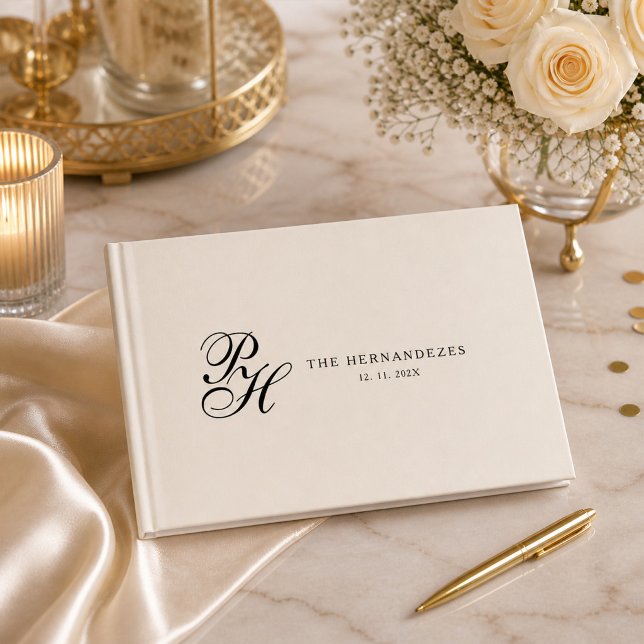 Beige Cream Elegant Script Monogram Wedding Guest Book (Creator Uploaded)