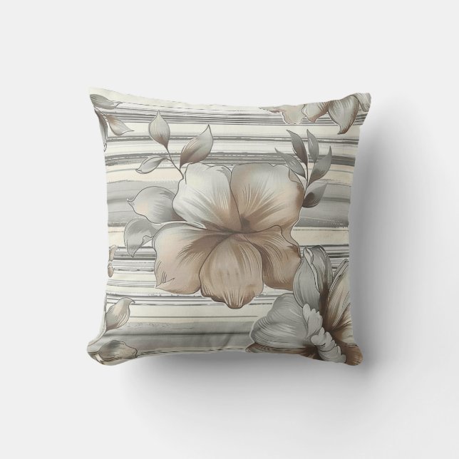 Beige cream flower blossom vertical grunge stripes throw pillow (Front)