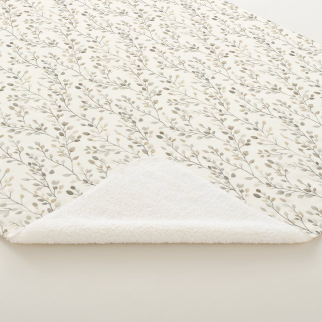 Beige Cream Gray Brown Botanical Leaves Neutral  Sherpa Blanket (3/4)