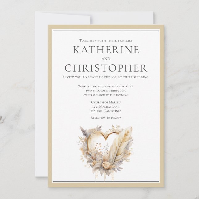 Beige Cream Gray Feathers Heart Boho Wedding Invitation (Front)