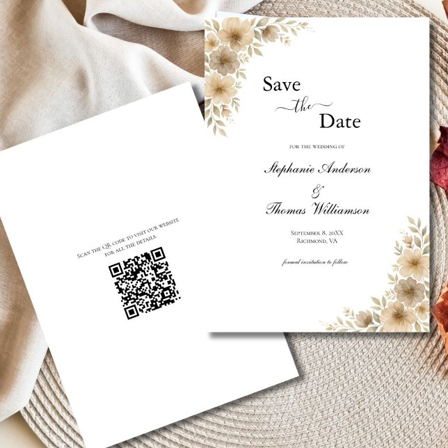 Beige Cream Gray Floral Elegant Modern QR code Save The Date (Beige Cream Gray Watercolor Florals Neutral Boho Wedding Save the Date card QR Code on back)