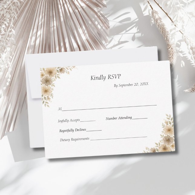 Beige Cream Gray Floral Traditional Formal Wedding RSVP Card (Beige Cream Gray Neutral watercolor florals boho modern wedding RSVP card)
