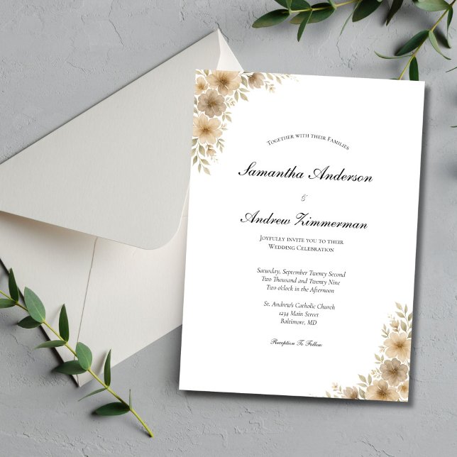 Beige Cream Gray Neutral Floral Elegant Wedding  Invitation (Beige Cream Gray Neutral watercolor Florals Wedding Invitation. Boho Modern, Printed or Digital)