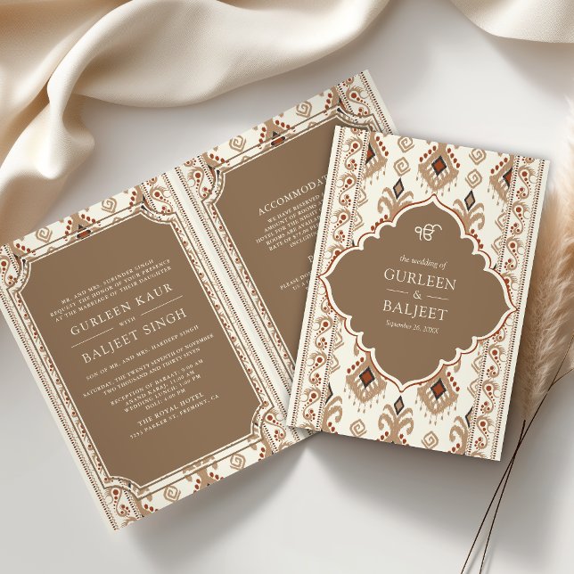 Beige Cream Ikat All in One Sikh Wedding Invitation (Creator Uploaded)