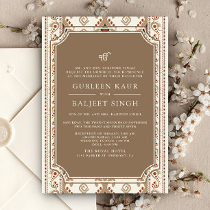 Beige Cream Ikat Anand Karaj Sikh Wedding Invitation