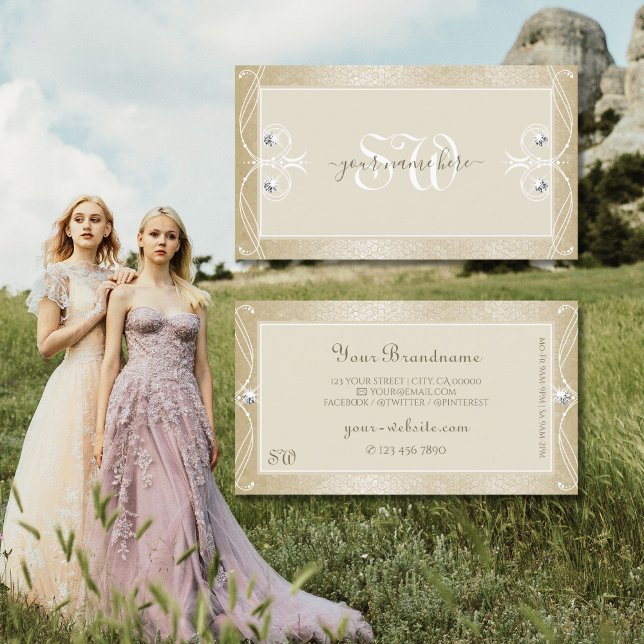 Beige Cream Mosaic Ornate Sparkle Jewels Initials Business Card (Creator Uploaded)