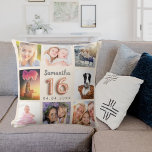 Beige cream photo collage Sweet 16 Throw Pillow<br><div class="desc">A unique gift for a girl's Sweet 16, 16th birthday, celebrating her life with a collage of 8 of your own photos, pictures. Personalize and add her name and a date. A beige, cream colored background. The name is written with a modern hand lettered style script, number 16 with a...</div>