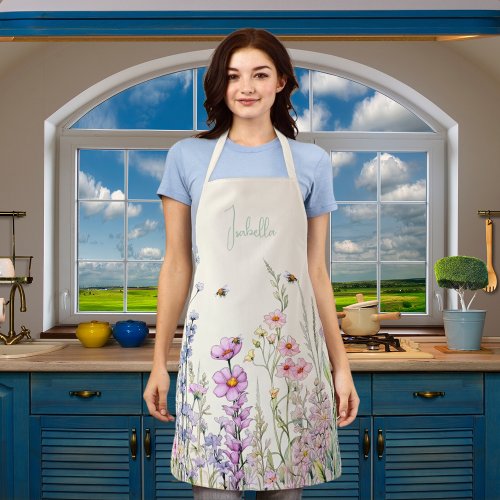 Beige cream pink purple wildflowers name apron