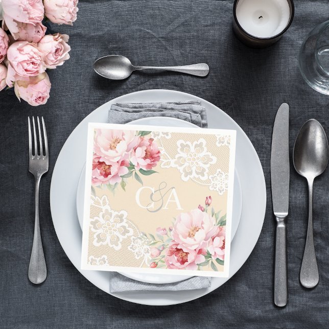 Beige cream pink roses florals monogram wedding napkins (Creator Uploaded)