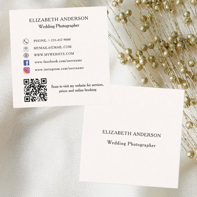 Beige cream QR code social media Square Business Card (Creator Uploaded)