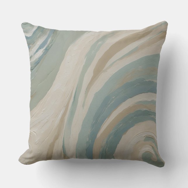 Beige Cream Teal Blue Green Waves Throw Pillow (Front)