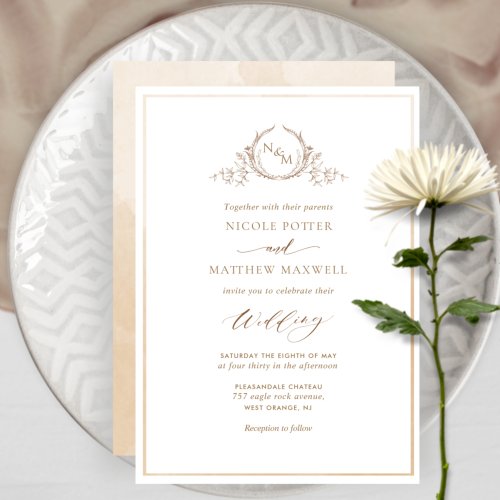 Beige Cream Watercolor Elegant Monogram Wedding Invitation