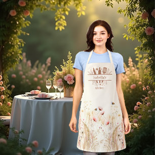 Beige cream watercolor wildflowers pink boho apron