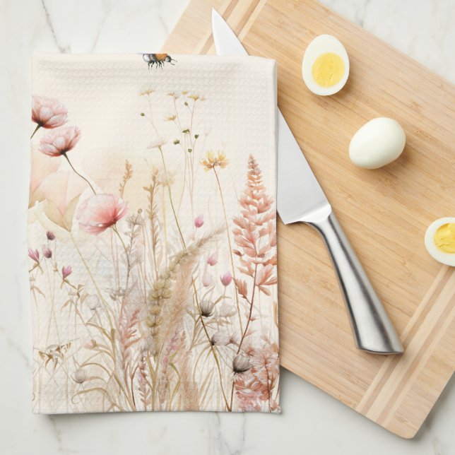Beige cream watercolor wildflowers pink boho kitchen towel (Quarter Fold)