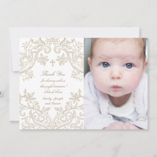 beige crest Baptism baby boy thank you card