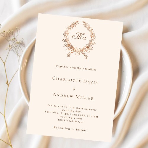 Beige crest monogram formal luxury wedding  invitation