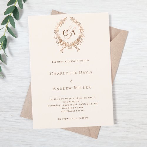 Beige crest monogram minimalist luxury wedding  invitation