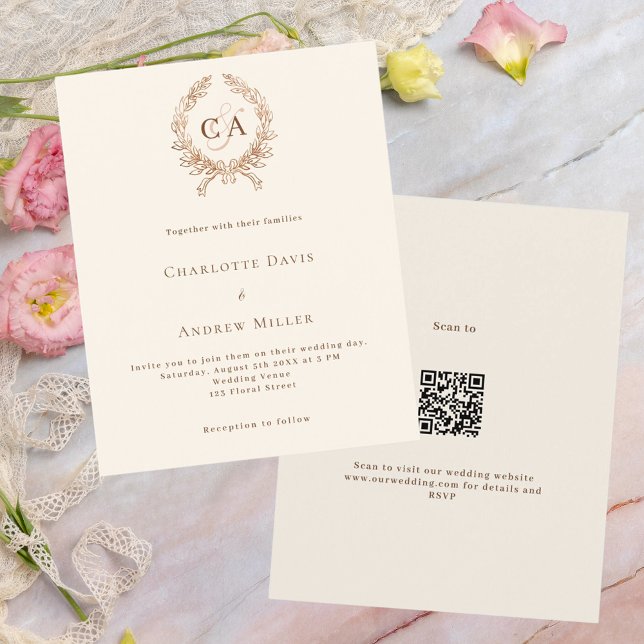 Beige crest monogram QR RSVP budget wedding  (Creator Uploaded)