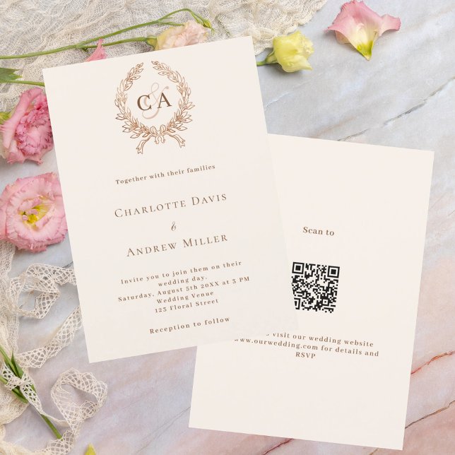 Beige crest monogram QR RSVP luxury wedding  Invitation (Creator Uploaded)