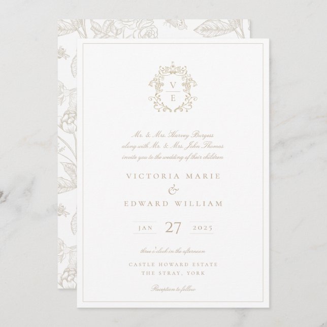 Beige Crest Monogram Wedding Invitation (Front/Back)