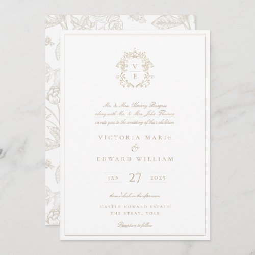 Beige Crest Monogram Wedding Invitation