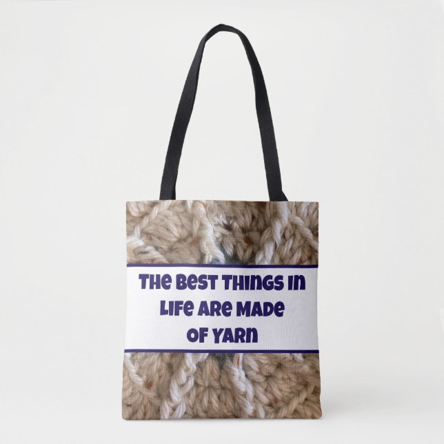 Beige Crochet BOHO Design Craft Yarn Quote Tote Bag (Front)