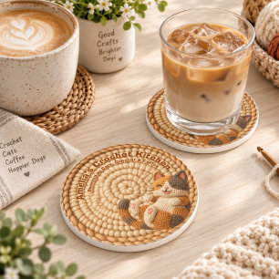 Beige Crochet Cat Mom Custom Name Kitchen Coaster