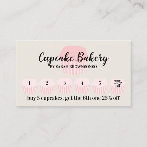 Beige Cupcake Bakery Cafe Loyalty Punch Discount Business Card
