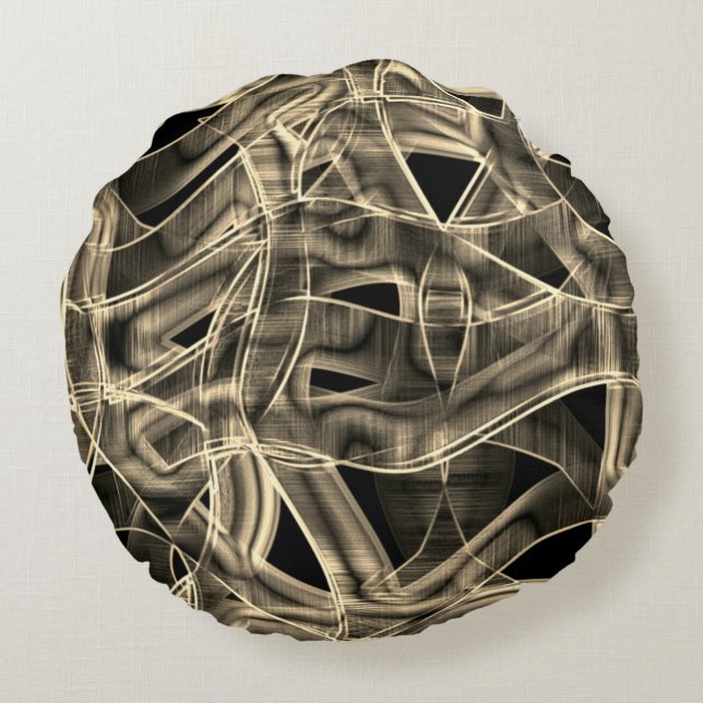 Beige curved ribbons, contrasted relief lines round pillow (Back)