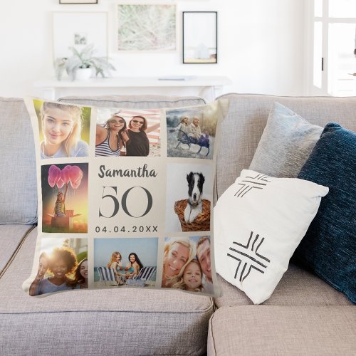Beige custom photo collage birthday throw pillow