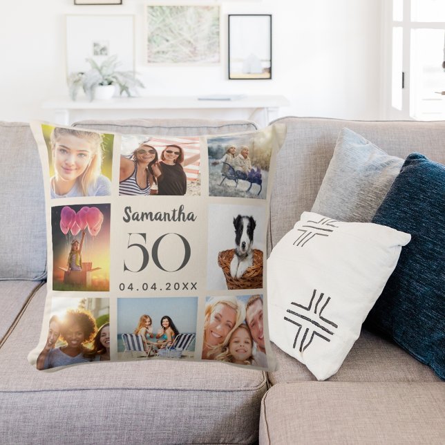 Beige custom photo collage birthday throw pillow (Creator Uploaded)